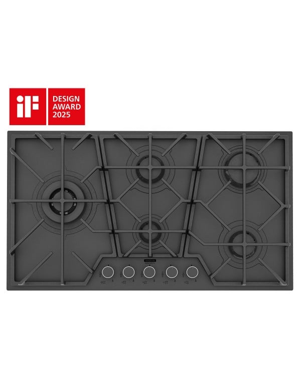 Cooktop a Gás Tramontina Design Collection Penta Glass Black Series 5 Bocas com Trempes de Ferro Fundido Preto Fosco