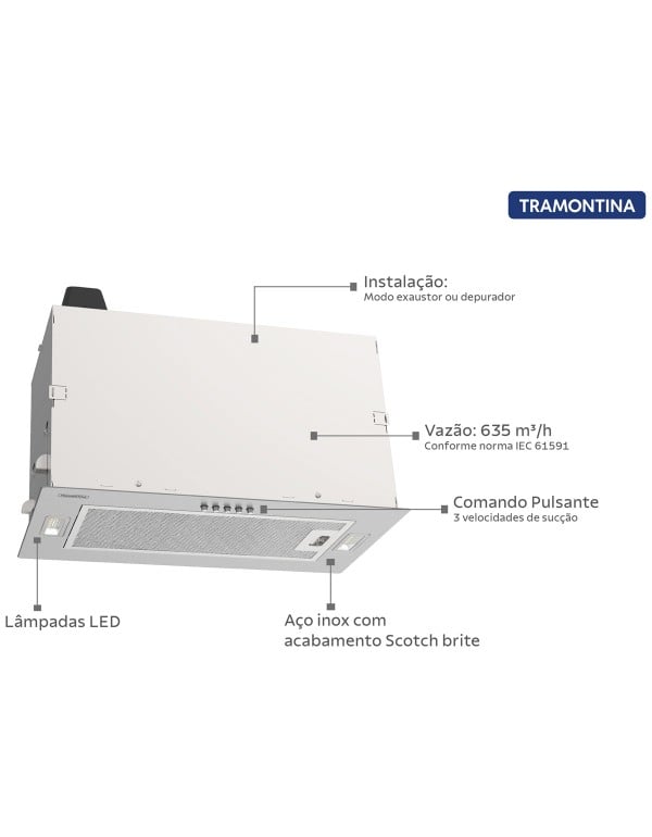 Coifa de Embutir Tramontina Incasso 51 em Aço Inox com Acabamento Scotch Brite 51 cm 220 V 95800014