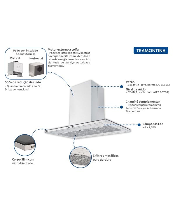Coifa de Ilha Tramontina Slim Isla 90cm Split Motor Externo em Aço Inox Acetinado 95800031